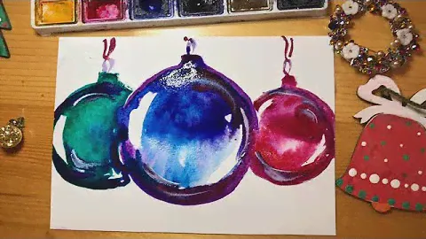 Новогодняя открытка. Ёлочные блестящие шары. Рисовать легко. Акварель