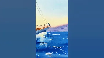 NewWe.ru Картина с морем и яхтой акварелью. Морской пейзаж.