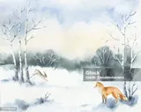 Акварель Вектор Рождественская Открытка С Лисой Заяцом И Зимний Пейзаж Ручная Роспись Иллюстрация Для Приветствия Цветочные Открытки И П — стоковая векторная графика и другие изображения на тему Аквар
